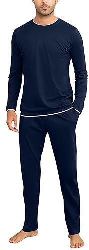 Aseniza Pigiama da Uomo Invernale Pigiama a Maniche Lunghe in Cotone Semplice ed Elegante Pigiama Morbido Loungewear(466-Blu Navy,XL