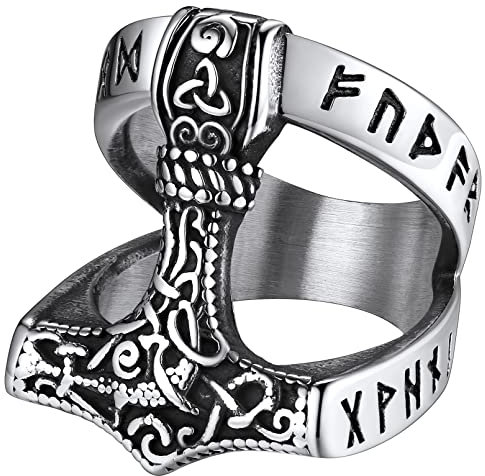 FaithHeart Mans Ring Nordic Viking Jewelry Punk Mjolnir Thor Hammer Talisman Rings Chunky Band Norse Ring for Husband Size S