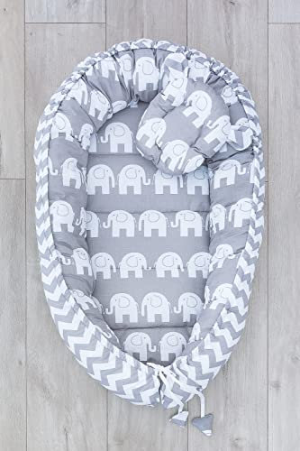 LOOLAY® 2seitig Kokon + Bärchen Nestchen Babynestchen Babykokon Kuschelbett Baby-Reisebett Babybett (Elefant grau/Zickzack grau)
