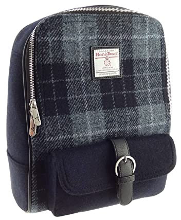 KWH Großer Naver-Rucksack aus Harris-Tweed in Grau und Schwarz mit Tartan-Karomuster