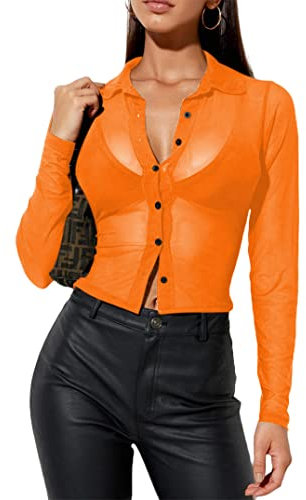 Remidoo Women's Sexy Sheer Mesh Button Down Long Sleeve Crop Top Blouse Shirt, Orange, Large