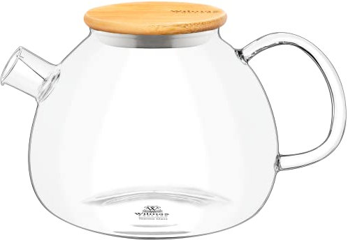 Wilmax Glass Teapot with Strainer 1500 ml Tea Strainer for Loose Tea Glass Teapot with Bamboo Lid Pot for Tea Flowers Teapot Glass Jug for Hot and Cold Drinks Dishwasher Safe
