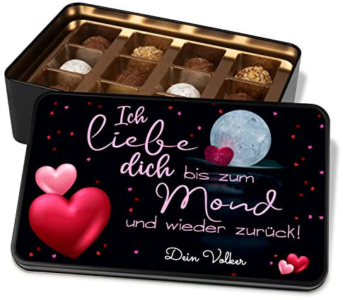 Pralinendose für Verliebte „Ich liebe dich bis zum Mond und wieder zurück! – personalisiert mit Namen - Geschenke für Frauen Weihnachten Valentinstag Muttertag Geburtstag (Schwarz)