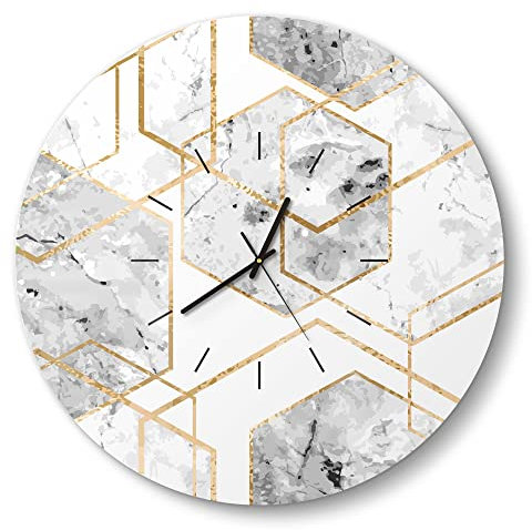 DEQORI Glasuhr | rund Ø 50 cm | Motiv Goldgerahmte Sechsecke | große XXL Design Uhr aus Glas | leise Wanduhr für Wohnzimmer & Küche | Moderne Hingucker Uhr für die Wand