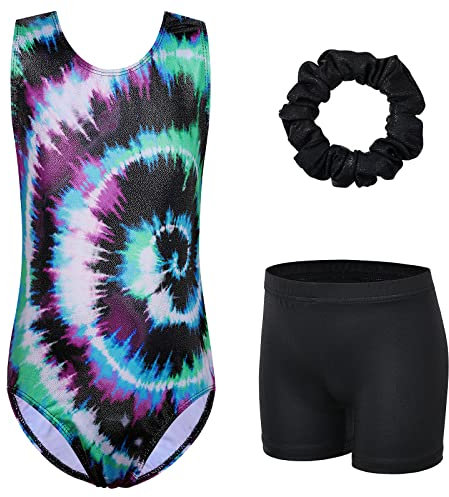 XFGIRLS Gymnastikanzug für Mädchen, ärmellos, funkelnd, Ballett, Tanz, Turnanzug, athletische Shorts für Mädchen von 3–14 Jahren, Schwarz_TieDye, 9-10 Jahre