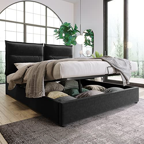 Merax Bett Hydraulisch Doppelbett Polsterbett,Verstellbares Kopfteil, mit Lattenrost aus Metallrahmen, Samt, Bettgestell mit Stauraum, Großer Stauraum (Ohne Matratze) (Schwarz A, 140x200cm)