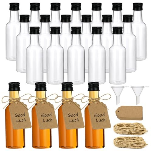HOTUT Mini bouteille de liqueur, 18 Pièces Bouteilles Vides Réutilisables, 50 ml Petite Bouteille Plastique avec couvercles et entonnoirs, Mignonnettes Alcool pour jus/liqueur/whisky/Sauces