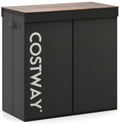 COSTWAY Wäschekorb mit Deckel, 105 L, Wäschesammler 2 Fächer, Wäschebox mit Griffen, Wäschebehälter mit 2 herausnehmbaren Wäschesäcken, für Badezimmer, 62 x 31 x 60 cm, Schwarz
