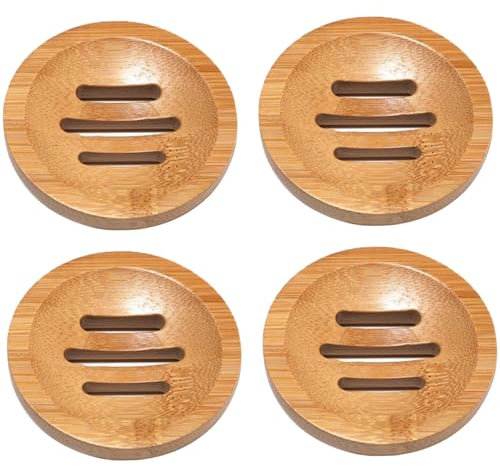 Bamboo Soap Holder 4PCS 3.2 Inch Natural Bamboo Soap Dish with Drainage Holes Non Slip Shower Steamers Tray Round Soap Dish for Shower Counter Sink Bathroom Shower Steamers Tray Shower Steamers Holder