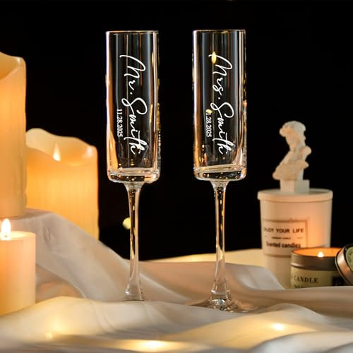 Lot de 2 flûtes à champagne de mariage personnalisées pour mariée et marié, 177 g – Gravure personnalisée avec noms et icônes – Superbe cadeau de mariage, de fiançailles, d'anniversaire ou de fête