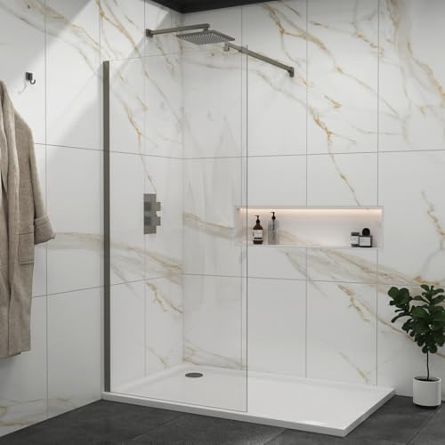 Marbella 800mm Gun Metal Grey Walk in Wet Room Shower Screen 8mm Easy Clean Toughened Safety Glass with Top Support Arm