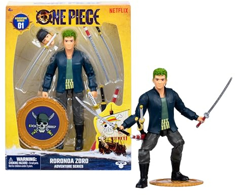 One Piece Zoro 6-Inch Action Figure, 5 Accessories | 22 points of articulation, swappable swords & face, berry coin base; One Piece toy for collectors and fans