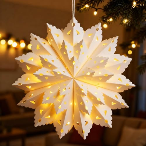 Kssvzz 45cm Weihnachtsstern Beleuchtet, 3D Papierstern zum Aufhängen mit Beleuchtung, Papiersterne zum Aufhängen, Weihnachtsdeko Stern Fenster Innen