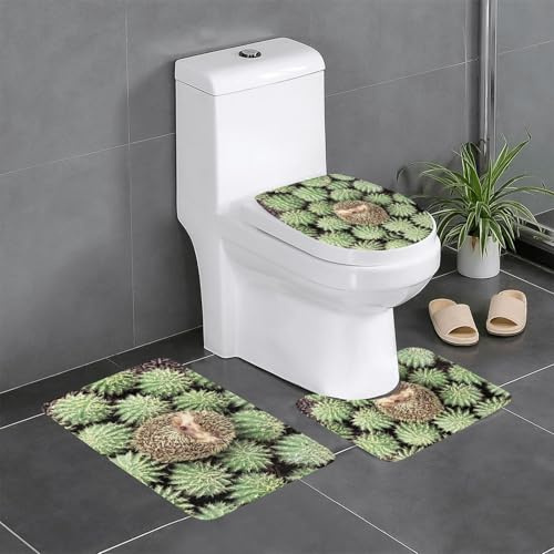 BLWSLC Saugfähige Badezimmermatte mit Igel-Kaktus-Muster, 3-teiliges Set, geeignet für Zuhause, Spas und Hotels