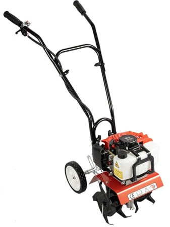Garden Tiller Petrol, 52 cc 1900 W, 2-Stroke Motor Hoe, Ground Tiller, Working Width 300 mm, Ground Hoe, Motor Hoe, Petrol with 4 Gyros, 4 Manganese Steel Knives for Lawn, Bed, Vegetable Garden, DIY
