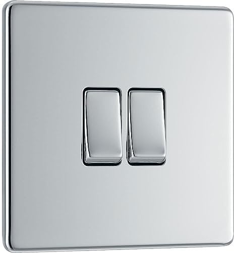BG Electrical Double Wall Light Switch, 2 Way, Screwless Front Plate, Slim Profile, Premium Flatplate, Polished Chrome, 20A, 16AX, FPC42