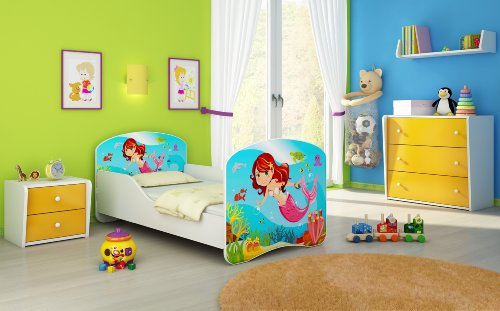 CLAMARO 'Traumland' Motiv Kinderbett 80 x 160 cm inkl. Matratze und Lattenrost, Kantenschutzleisten und Rausfallschutz, Motiv: 09 - Meerjungfrau Motiv