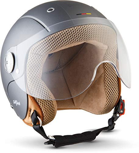 Soxon® SK-55 „Plus Titan“ · Kinder Jet-Helm · Motorrad-Helm Kinder-Helm Roller-Helm Kids Scooter-Helm Vespa Bobber Mofa-Helm Chopper · ECE 22.05 Visier Schnellverschluss SlimShell Tasche XXS (49-50cm)