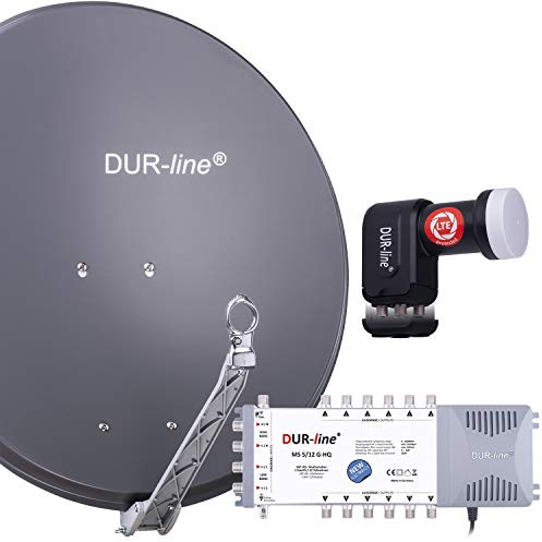 DUR-line 12 Teilnehmer Set - Qualitäts-Alu-Satelliten-Komplettanlage - Select 75cm/80cm Spiegel/Schüssel Anthrazit + Multischalter + LNB - für 12 Receiver/TV [Neuste Technik, DVB-S2, 4K, 3D]