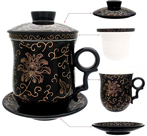 HOLLIHI, Porzellan-Teetasse mit Deckel, Untersetzer und Innensieb, chinesische Jingdezhen-Keramik-Tasse für Kaffee oder zur Teezubereitung mit losen Blättern für Zuhause oder Büro