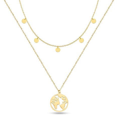 GD GOOD.designs Weltkugel Kette Gold mit Plättchen Mehrreihig für Damen - Wasserfest I Layering Halskette mit Weltkarte und Coins I 18K vergoldete Doppelkette