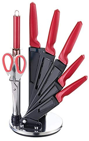 Michelino 8-teiliges Edelstahl Messer-Set mit Acryl-Ständer Kochmesser Brotmesser Fleischmesser Universalmesser Schälmesser Wetzstahl Schere (Rot)