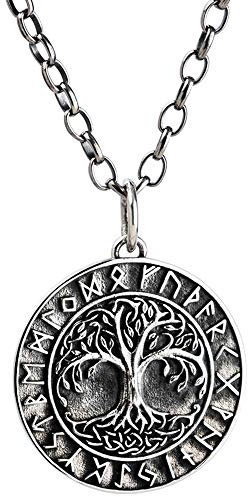 Collar con colgante de árbol de la vida yggdrasil y runas vikingo de plata de ley 925 negro para hombre mujer cadena de 50cm