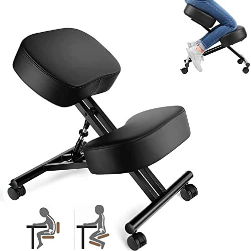 COOCHEER Kniestuhl Ergonomischer, Verstellbarer Kniehocker Stuhl für Büro, Metallgestell + Leder Bürostuhl Sitzhocker mit Knieablage, Rollen, 3 Kissen, Hocker zu Verbessert Haltung & Rückenschmerzen