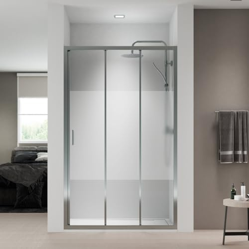 Mampara de Ducha FRONTAL Corredera 3 Hojas Monza– 1 Fijo y 2 Puertas Correderas Serigrafía – Altura 1,90 Metros y Cristal Templado 5mm Espesor 110 cm (Adaptable de 106 a 110cm)