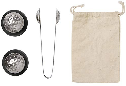 Outset Stainless Steel Whiskey Stone Set, 2 Golf Ball Chillers with Tongs and Storage Bag