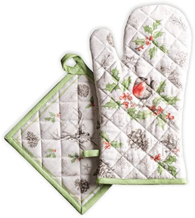 Maison d' Hermine Christmas Dew Ensemble de Gants de Four de (19cm x 33cm) et maniques de (20cm x 20cm), 100% Coton, pour Barbecue, Cuisson, Four, Micro-Ondes, grillades, Thanksgiving, Noel