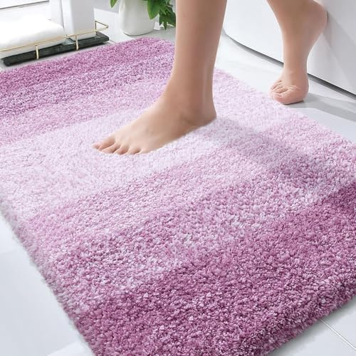 OLANLY Luxuriöse Badezimmerteppichmatte, extra weiche und saugfähige Mikrofaser-Badteppiche, Rutschfester Plüsch-Shaggy-Badteppich, maschinenwaschbar, Badematten für Badezimmerboden, 61x91 cm, Lila