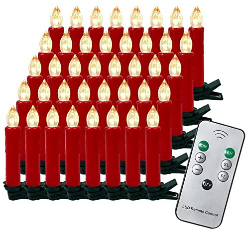 Gotoll 40er LED Weihnachtskerzen,Warmweiß Christbaumkerzen Kabellos Kerzen mit Fernbedienung Kerzenlichter IP44 für Weihnachtsbaum Weihnachtsdeko Hochzeit Partys - Rot