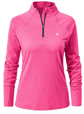 YSENTO Women's Long Sleeve Running Sports Tops Lightweight Gym Walking Zip Up Golf Polo T-Shirt(Rose Red,M)