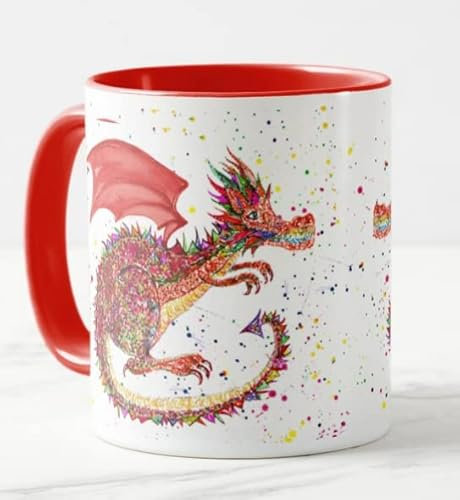 Red Dragon Repile Lizard Hand Painted Design Watercolour Art Coloured Mug Cup Gift Birthday Work Office Christmas Tea Coffee (Red)