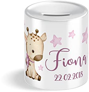 Baby Giraffe Kinder-Spardose personalisiert mit Name und Datum für Junge Boy oder Mädchen Girl zur Einschulung Taufe Geburtstag Geburt Sparschwein (Mädchen)