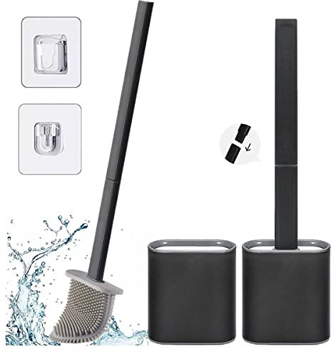 Pack de 2 Escobillas de baño Silicona – Escobilla WC Silicona con Soporte – Limpiadores Flexibles y Profundos de Inodoro – Escobillas, Porta Escobillas y Adhesivos (Negro)