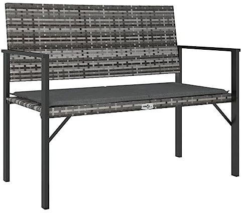 vidaXL Gartenbank, Sitzbank 2-Sitzer mit Kissen, Bank Stahlrahmen für Garten Terrasse, Parkbank mit Armlehnen Rückenlehne, Grau Poly Rattan