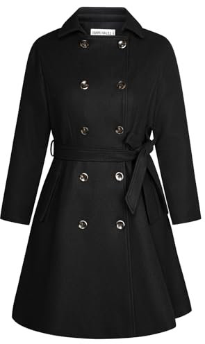Hanna Nikole Damen-Mäntel Große Größen Zweireihiger Wollmantel mit Taschen Gürtel Langarm Mittellanger Trenchcoat Schwarz 52