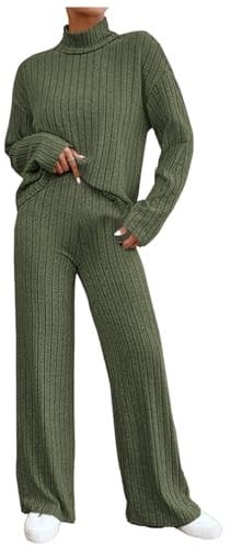 AMhomely Lounge Sets for Women UK Tracksuits Knitted Outfit Oversized Long Sleeve Solid Color Tops Wide Leg High Waist Trousers Pants Fluffy Cosy Pyjamas Holiday Dailywear