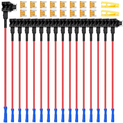 MKBKLLJY 16St. Low Profile Mini Fuse Tap 12V Car Add-a-Circuit Fuse TAP Adapter mit 5Amp Mini APS ATT Blade Fuse Sets Fuse Puller und Schrumpfschlauch Butt Connector für Autos Lastwagen Boote