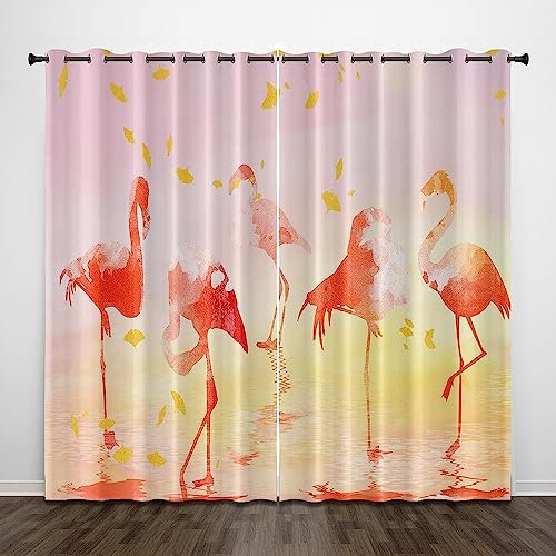 Gardine Rosafarbener Flamingo Vorhänge Wohnzimmer Vorhang Kinderzimmer,3D Curtains, Fenster Für Küche Schlafzimmer Wohnzimmer, 2Er Set/Uv-Schutz /