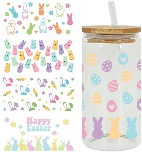 runrayay Ostern Thema UV Dtf Cup Wrap Transfer Sticker für Glas, 5 Blatt Rub auf Transfers Aufkleber für Crafting Möbel-DIY wasserdicht Abziehbilder UV Dtf Transfer(C)