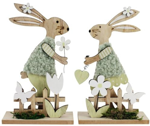 Dekofiguren Hasen aus Holz zu Ostern 2er Set als Frühjahrsdeko - Osterhasen Zimmer Deko für Innen als Frühlingsdeko, Osterdeko im Landhausstil - Osterdekoration für Wohnzimmer, Schlafzimmer