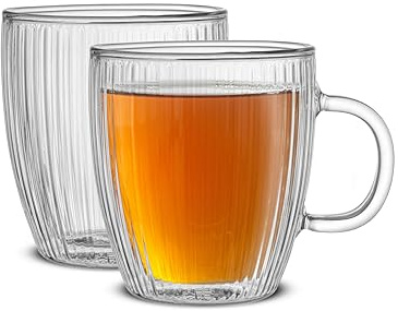 JoyJolt Geriffelte Glas-Kaffeetassen, doppelwandig, 382.7 g, klare Kaffeetasse, 2er-Set, Latte-Gläser, Cappuccino-Tassen, Klarglas-Kaffeetasse, gerippte Tassen, JG10321