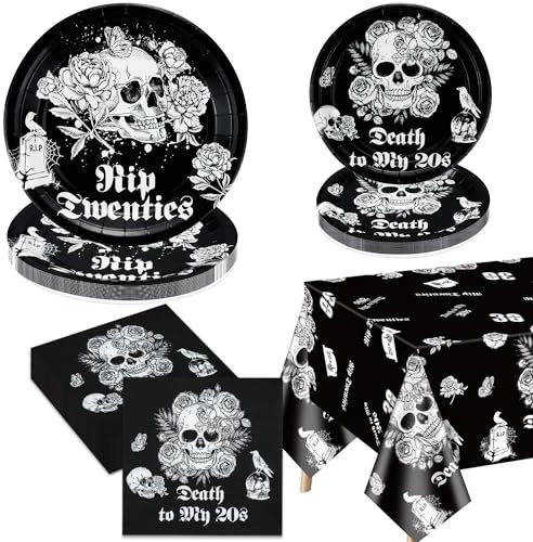 Muerte a mis 20 decoraciones – incluyendo Rip a mis años 20 platos de papel, servilletas, cráneo mantel para fiesta de Halloween 30 cumpleaños Rip 20s decoraciones de cumpleaños, Serve 20