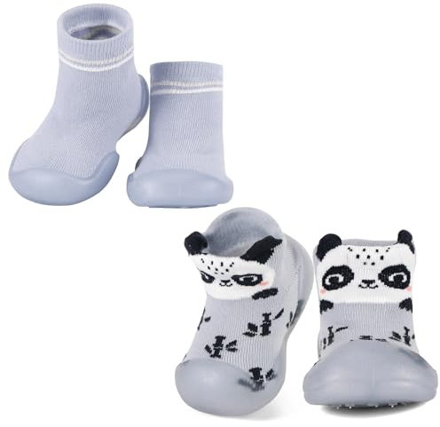 MK MATT KEELY Pack de 2 Zapatos Bebé Primeros Pasos Calcetines con Suela de Goma Niño Niña Zapatillas Antideslizantes Bebé,Azul+Panda,12-18 Meses