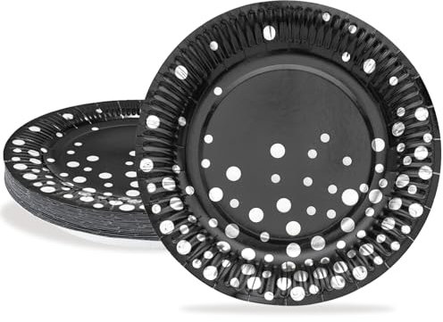 HNH Assiettes de fête 18cm Noir avec feuille d'argent Assiette à dessert carton jetables 24 pièces Assiettes en papier Vaisselle de fête