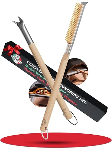 Senwosa Pizza Oven Brush with Scraper, Pizza Turner Fork Set | Heat resistant, Food Safe, Essential Pizza Accessories Kit, Turn Pies and Release Bubbles, Scrape and Brush Between Bakes