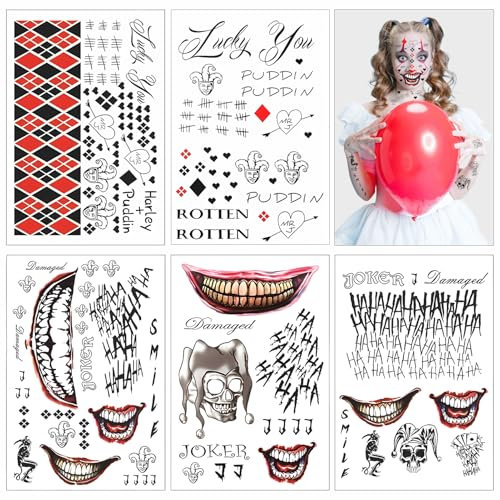 Lets Joy 5 Hojas Halloween Tatuajes Temporales, Joker Tattoos, Halloween Tatuajes Pegatinas, Halloween Terrible Tatuajes Temporales, Halloween Carnaval Maquillaje Props Cosplay